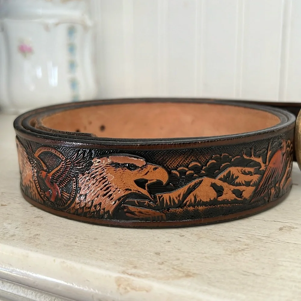 Vintage handmade tooled leather Eagle & mountains belt brass buckle 44”-48”